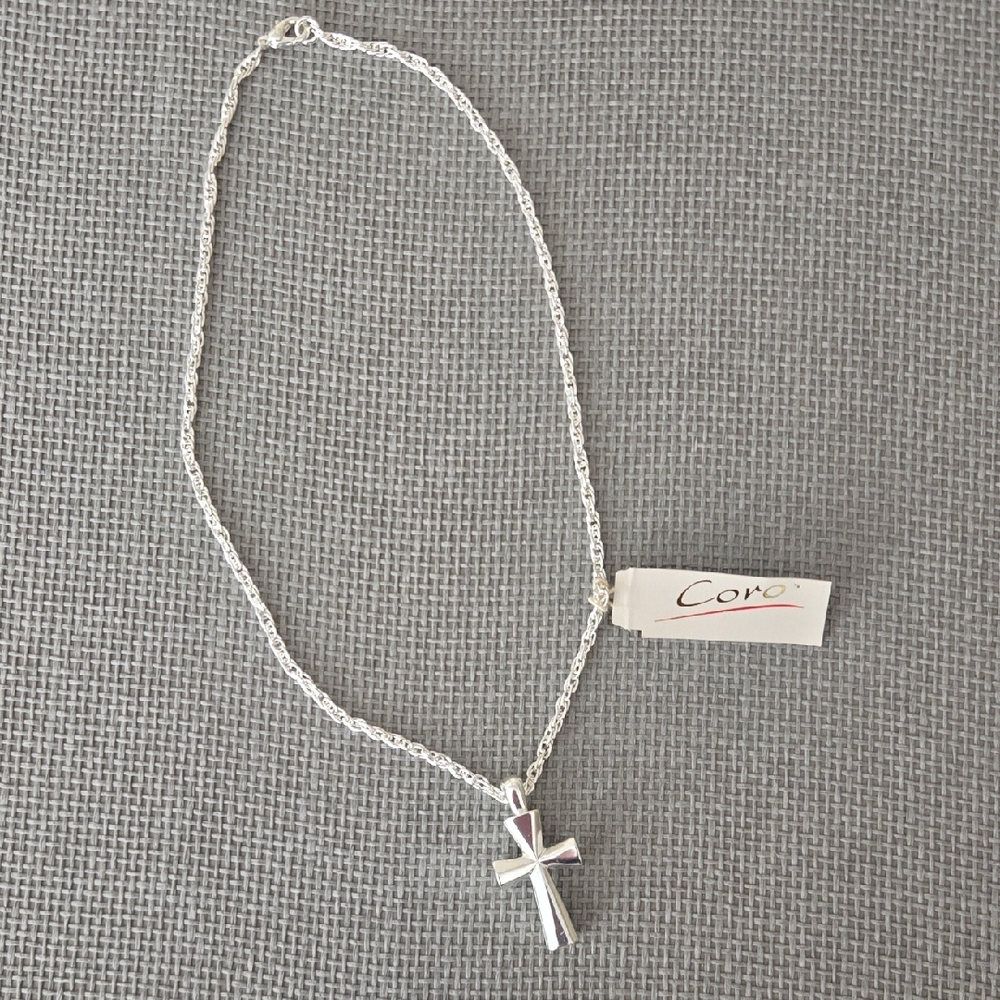 Vintage Coro Silver Tone Cross Necklace New Old Stock With Original Tag